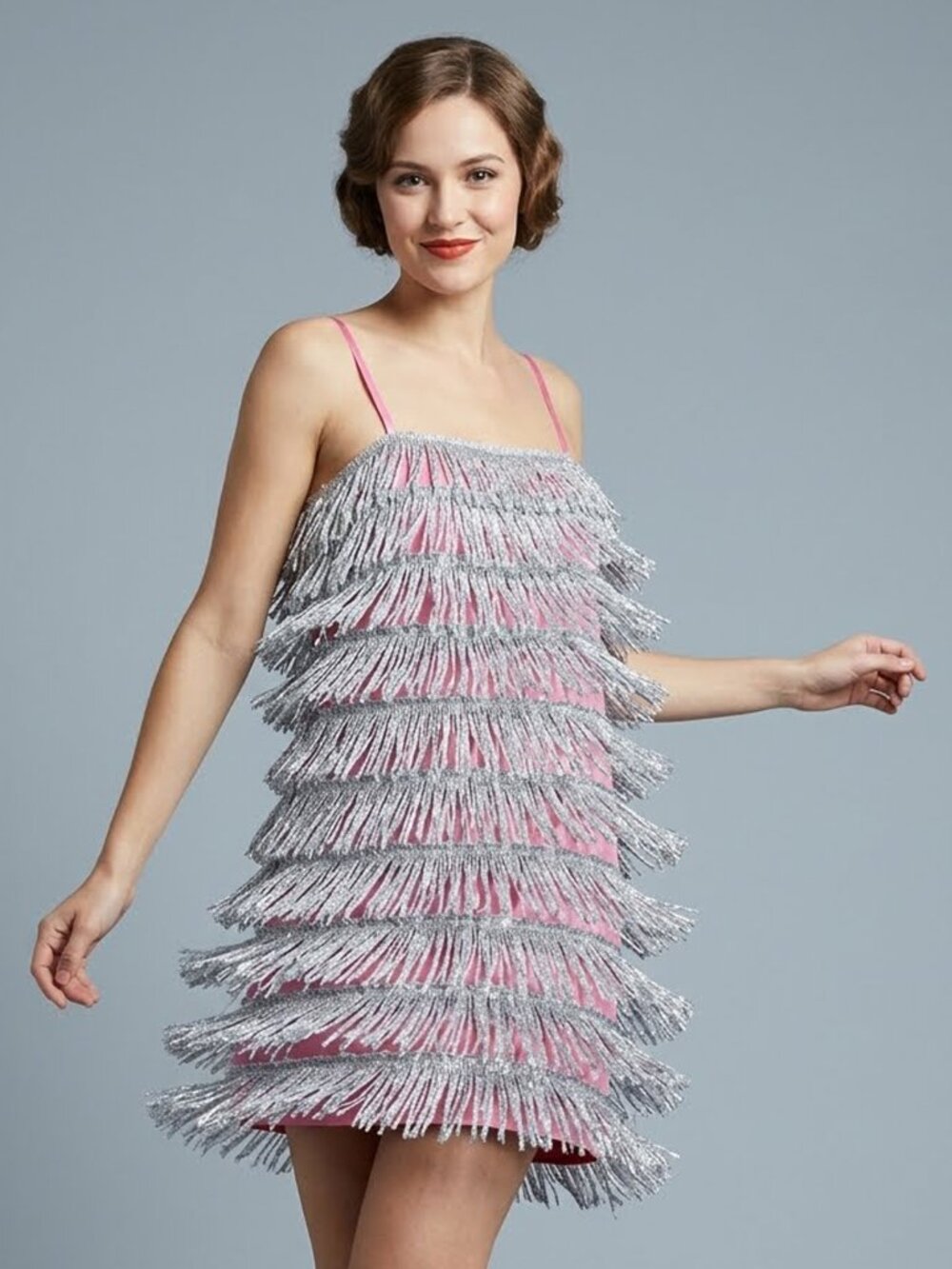 Vintage Rivars Pink Silver Metallic Tiered Fringe Dance Mini Dress Flapper M